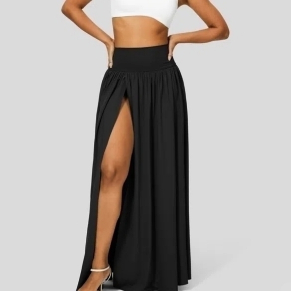 BOSTON PROPER *BROWN* STRETCH KNIT HIGH SLIT MAXI SKIRT SZ L - Picture 2 of 5